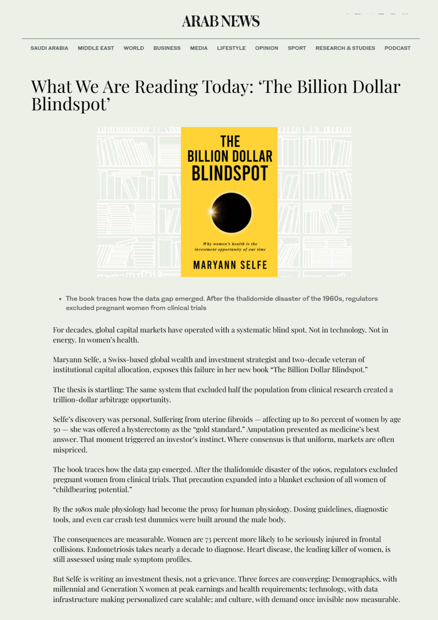 Arab News Features The Billion Dollar Blindspot